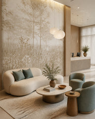 Neutral misty trees wallpaper in a boutique hotel lobby.