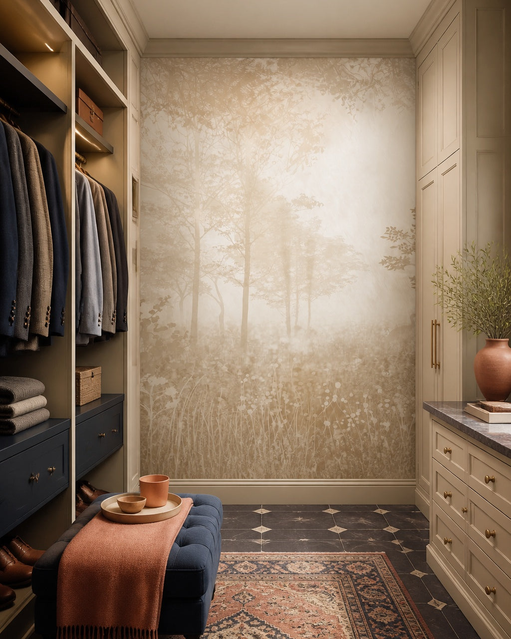 Neutral misty trees wallpaper in a dressing room.