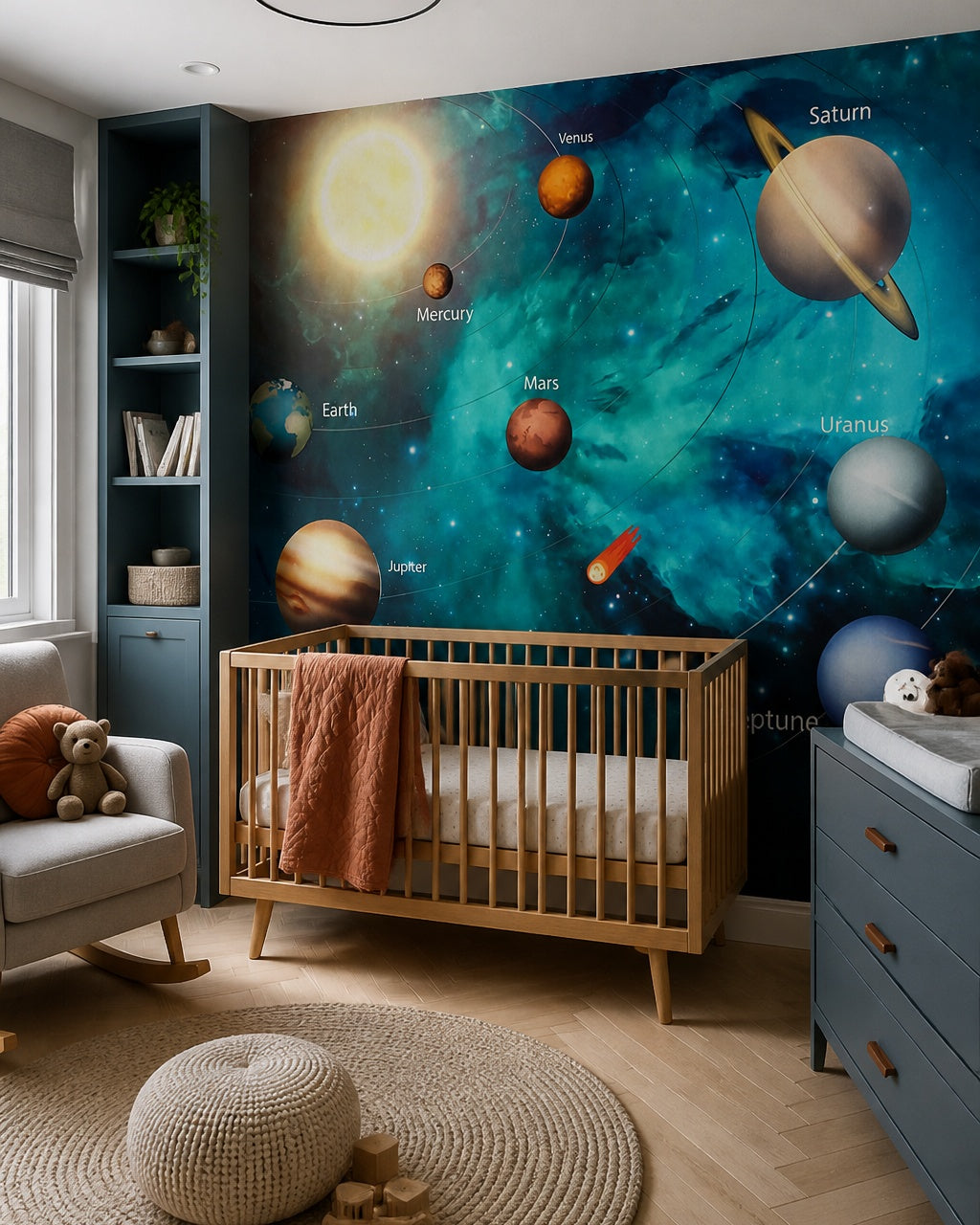 Colorful solar system wallpaper in a modern nursery with a crib.