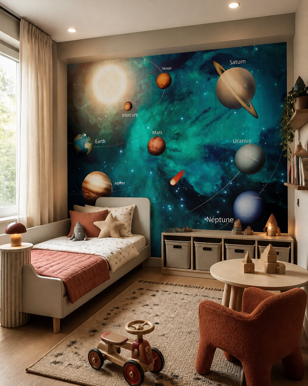 Colorful solar system wallpaper in a toddler bedroom with a child-sized bed.