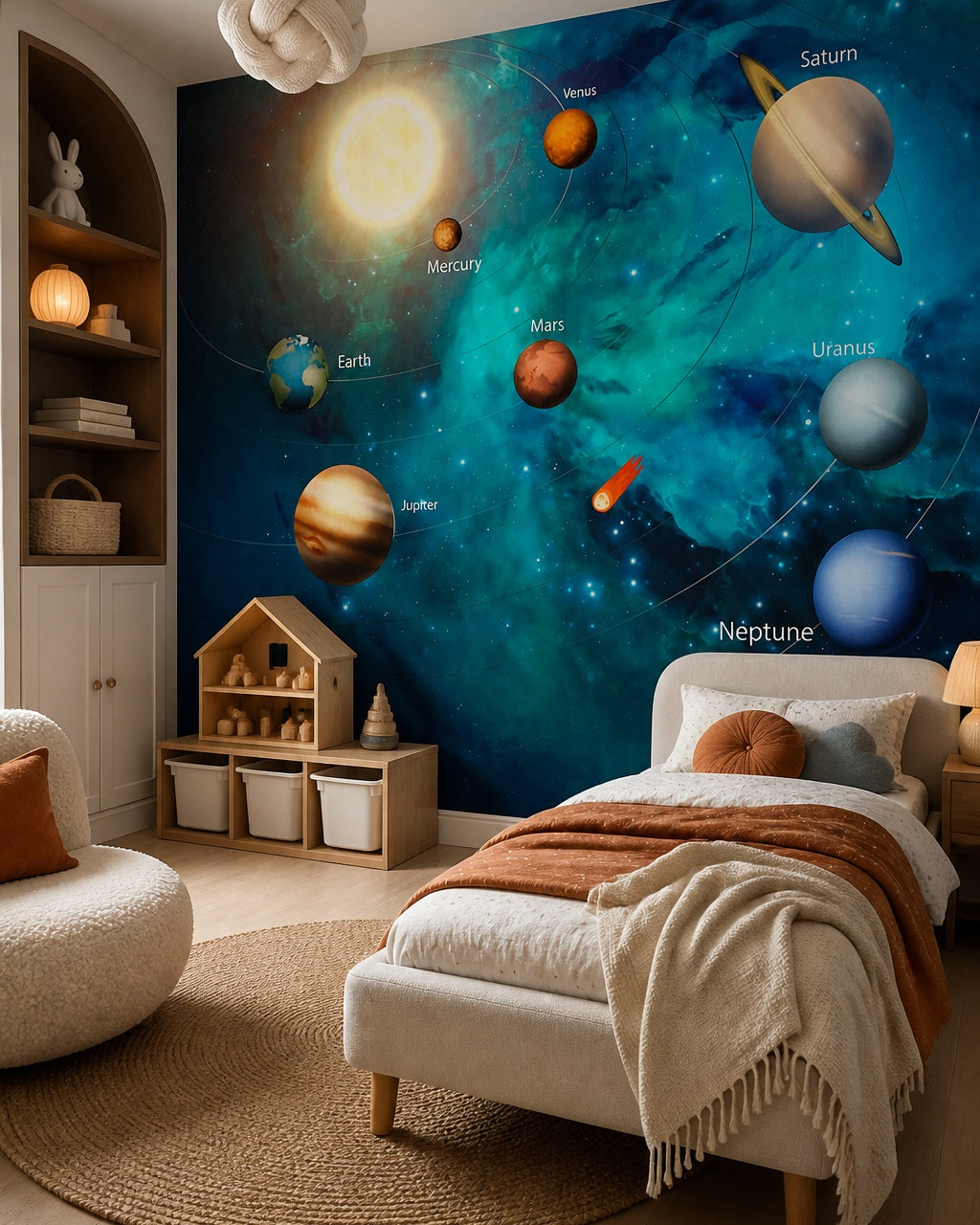 Colorful solar system wallpaper in a girl’s bedroom.