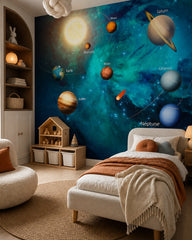 Colorful solar system wallpaper in a girl’s bedroom.