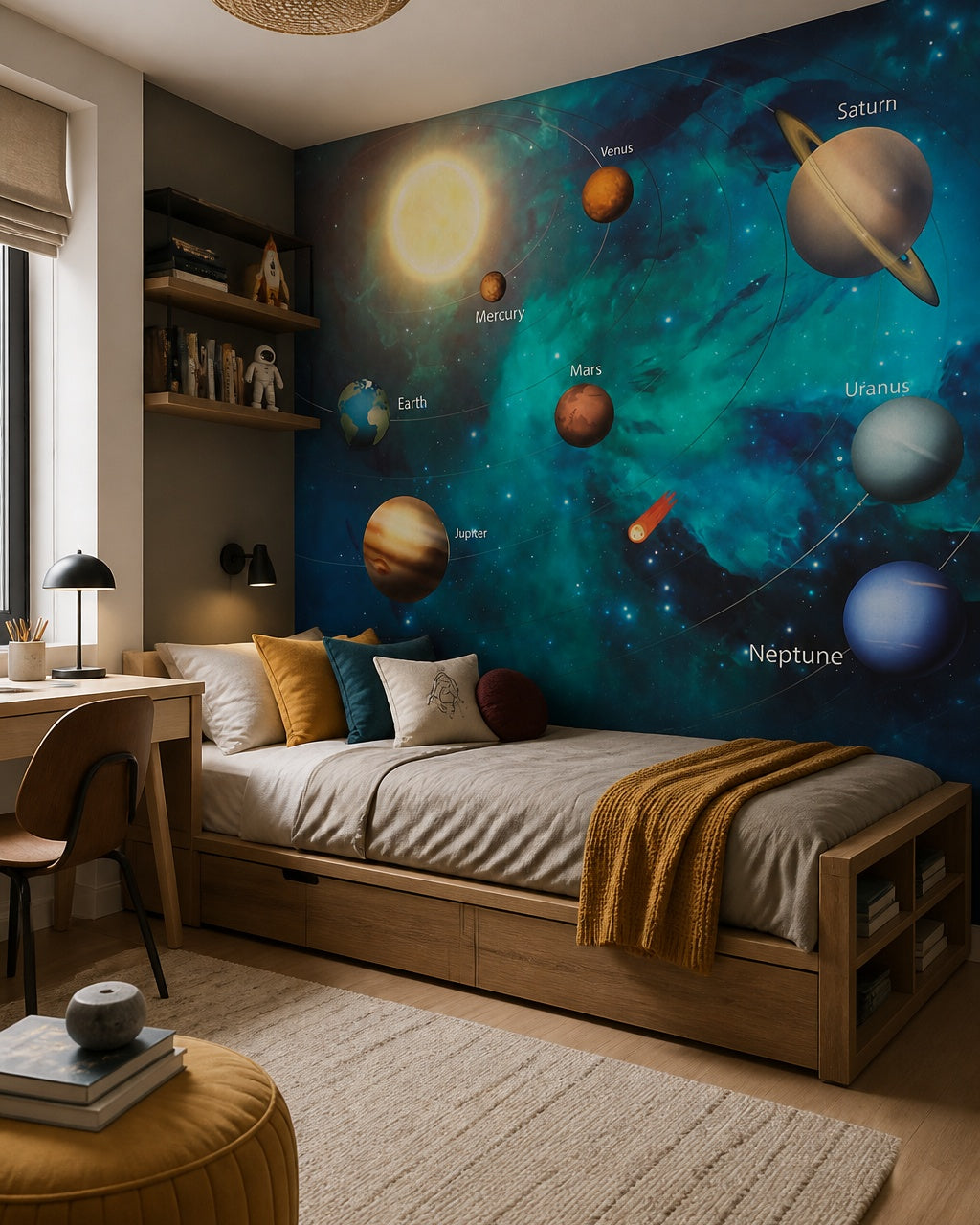 Colorful solar system wallpaper in a boy’s bedroom.