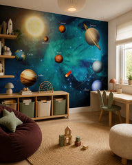 Colorful solar system wallpaper in a children’s playroom.