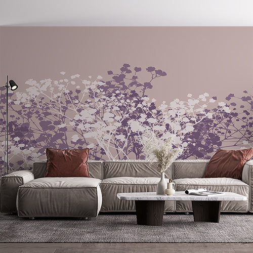 Purple and White Flower Silhouette Wall Mural Floral Wallpaper