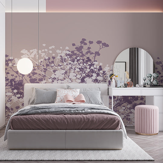 Custom Purple and White Flower Silhouette Wall Mural Floral Wallpaper