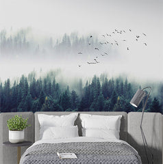 Custom Misty Evergreen Forest Wall Mural Wallpaper - Tranquil Pines with Flying Birds