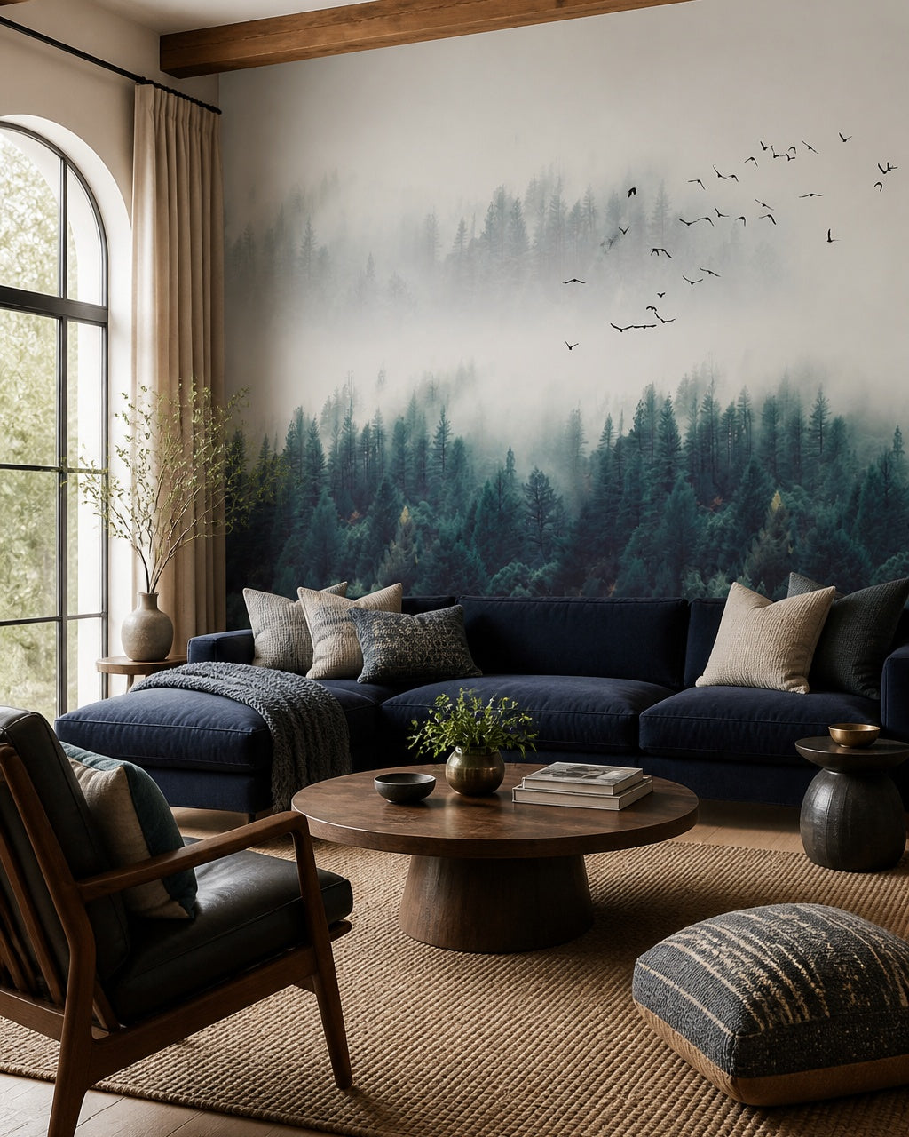 Misty evergreen forest wallpaper in a designer living room.