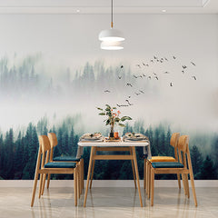 Custom Misty Evergreen Forest Wall Mural Wallpaper - Tranquil Pines with Flying Birds