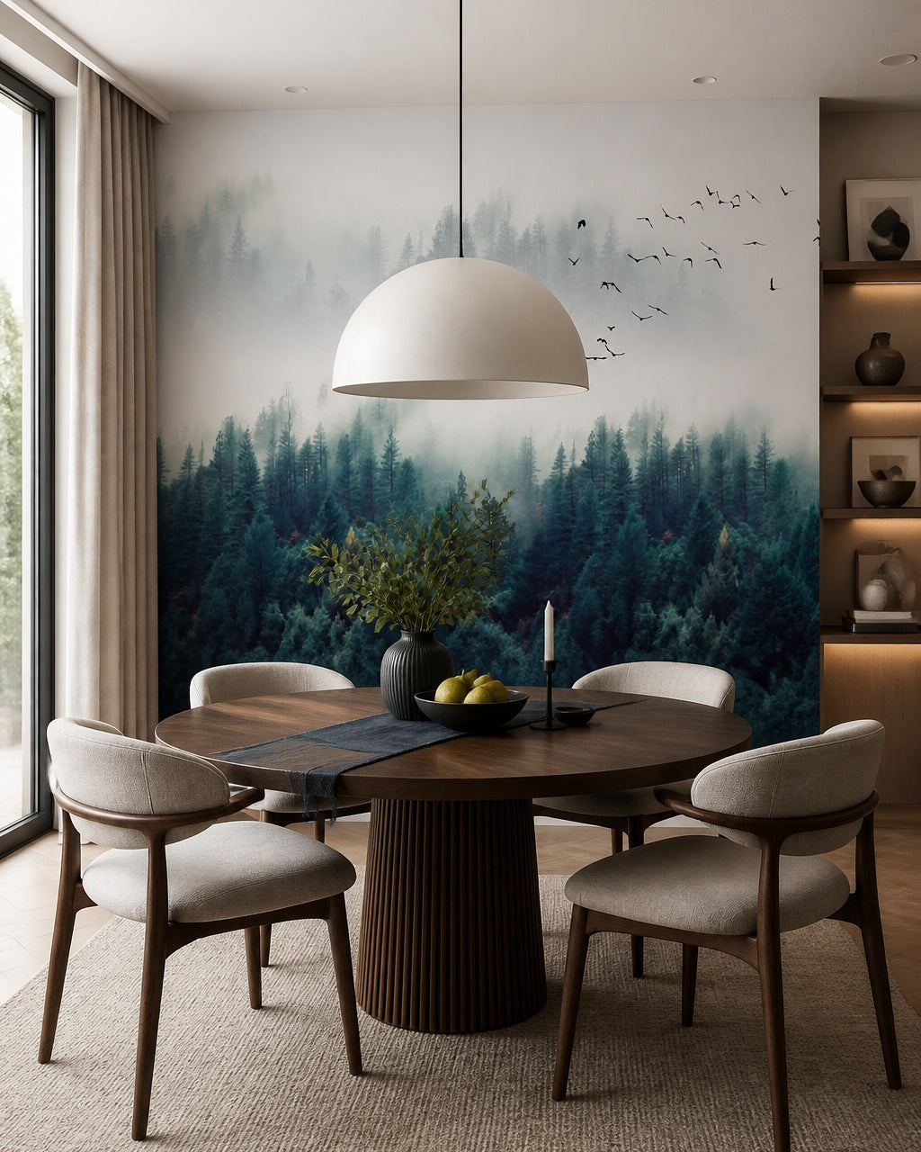Misty evergreen forest wallpaper in a refined dining area.