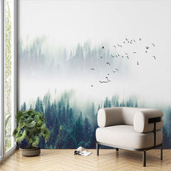 Custom Misty Evergreen Forest Wall Mural Wallpaper - Tranquil Pines with Flying Birds