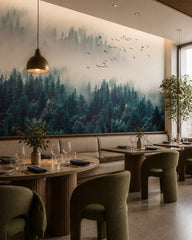 Misty evergreen forest wallpaper in a restaurant.