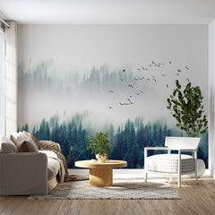 Custom Misty Evergreen Forest Wall Mural Wallpaper - Tranquil Pines with Flying Birds