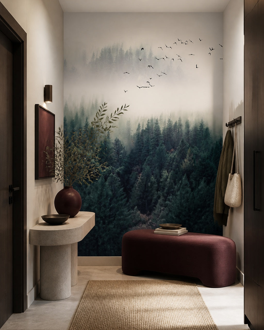 Misty evergreen forest wallpaper in a refined foyer.