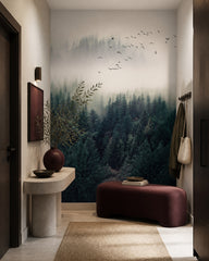 Misty evergreen forest wallpaper in a refined foyer.