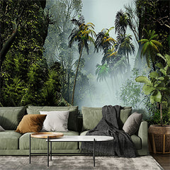 Custom Tropical Misty Jungle Landscape Wall Mural Wallpaper