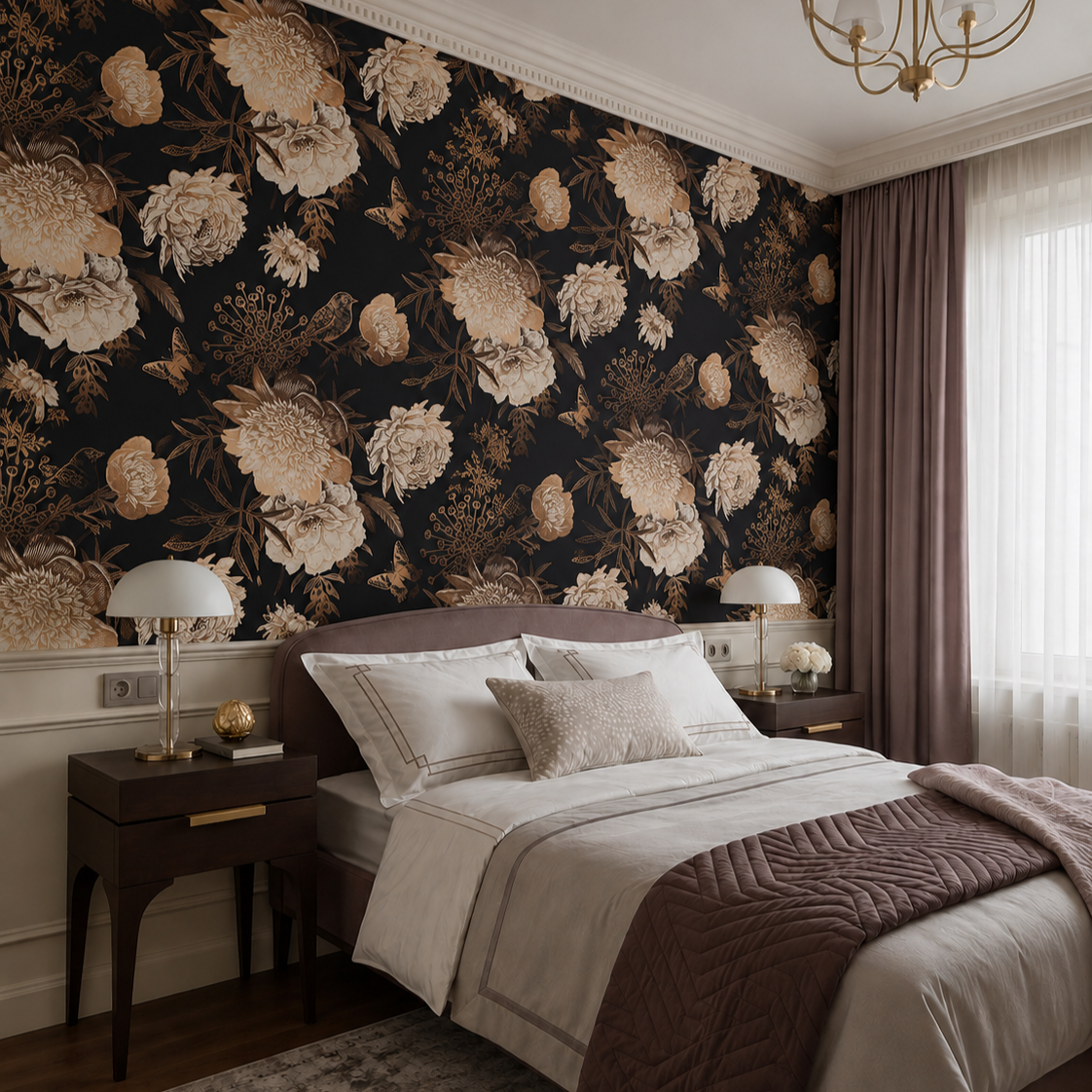 Dark peony and bird wallpaper in a classic bedroom with mauve curtains and upholstered headboard.