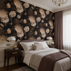 Dark peony and bird wallpaper in a classic bedroom with mauve curtains and upholstered headboard.