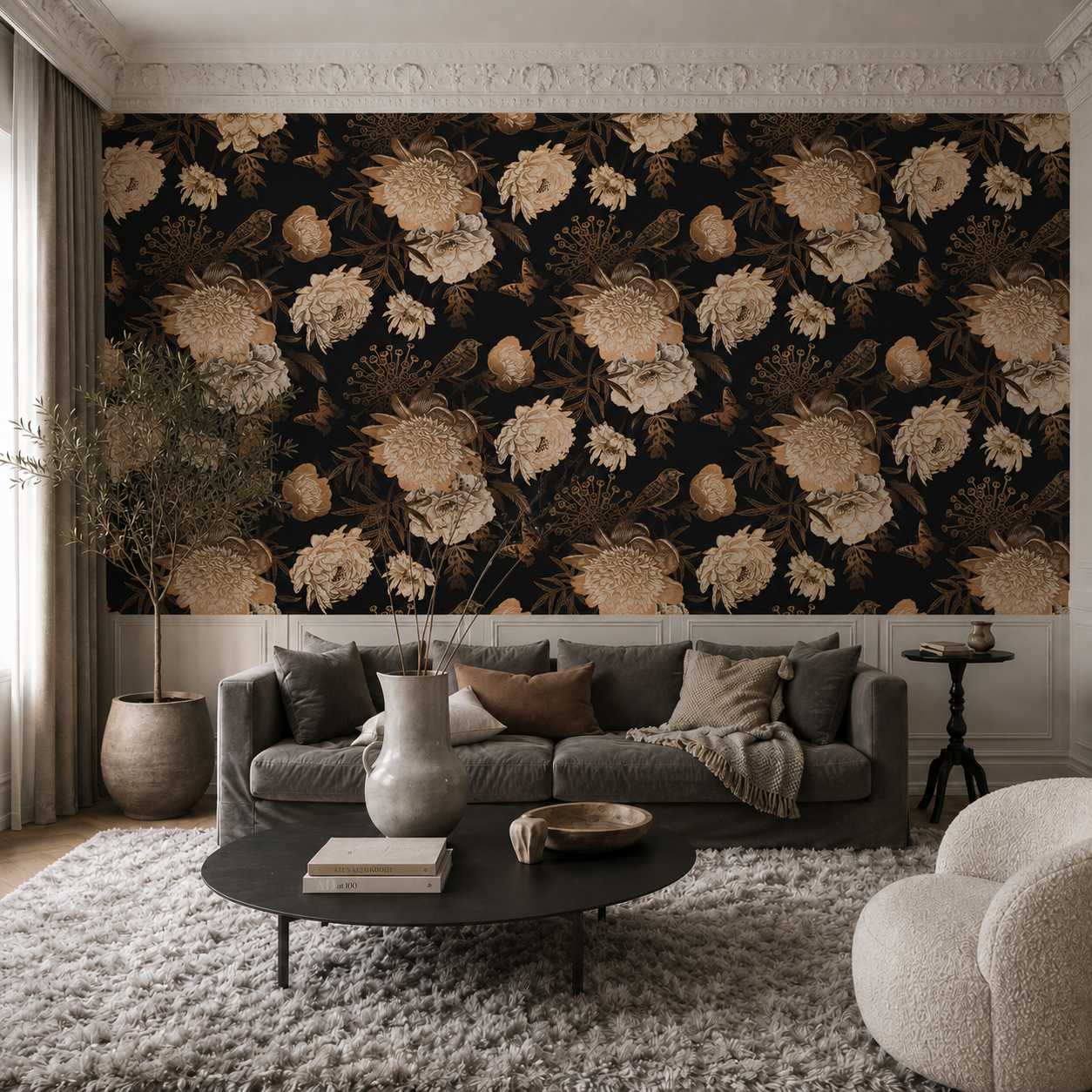 Dark peony and bird wallpaper behind a grey sofa in an elegant living room with wainscoting.