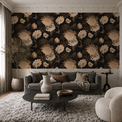 Dark peony and bird wallpaper behind a grey sofa in an elegant living room with wainscoting.