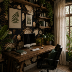 Dark peony and bird wallpaper in a moody home office with wooden desk and botanical prints.