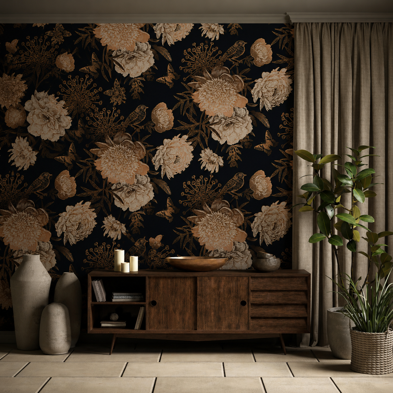 Dark peony and bird wallpaper above a rustic wooden sideboard with ceramic vases.