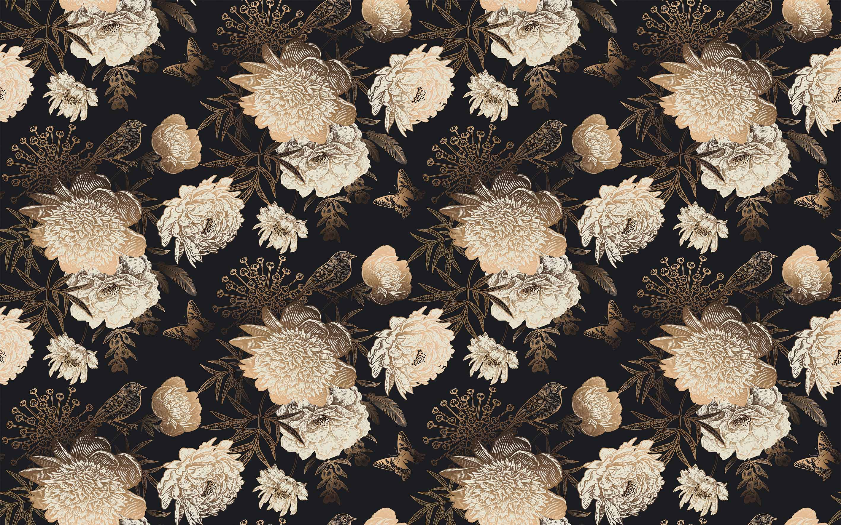 Dark floral wallpaper with cream and peach peonies, chrysanthemums, birds and butterflies on a black background.