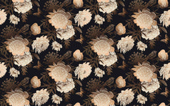 Dark floral wallpaper with cream and peach peonies, chrysanthemums, birds and butterflies on a black background.