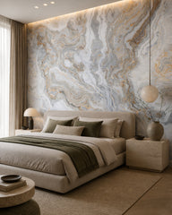 Grey beige marble wallpaper in a designer bedroom.