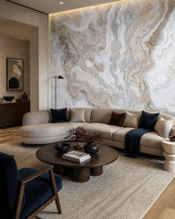 Grey beige marble wallpaper in a designer living room.