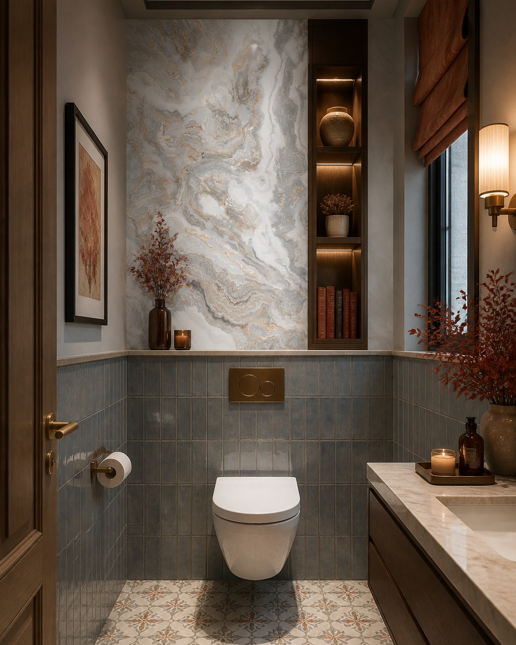 Grey beige marble wallpaper in an elegant powder room.