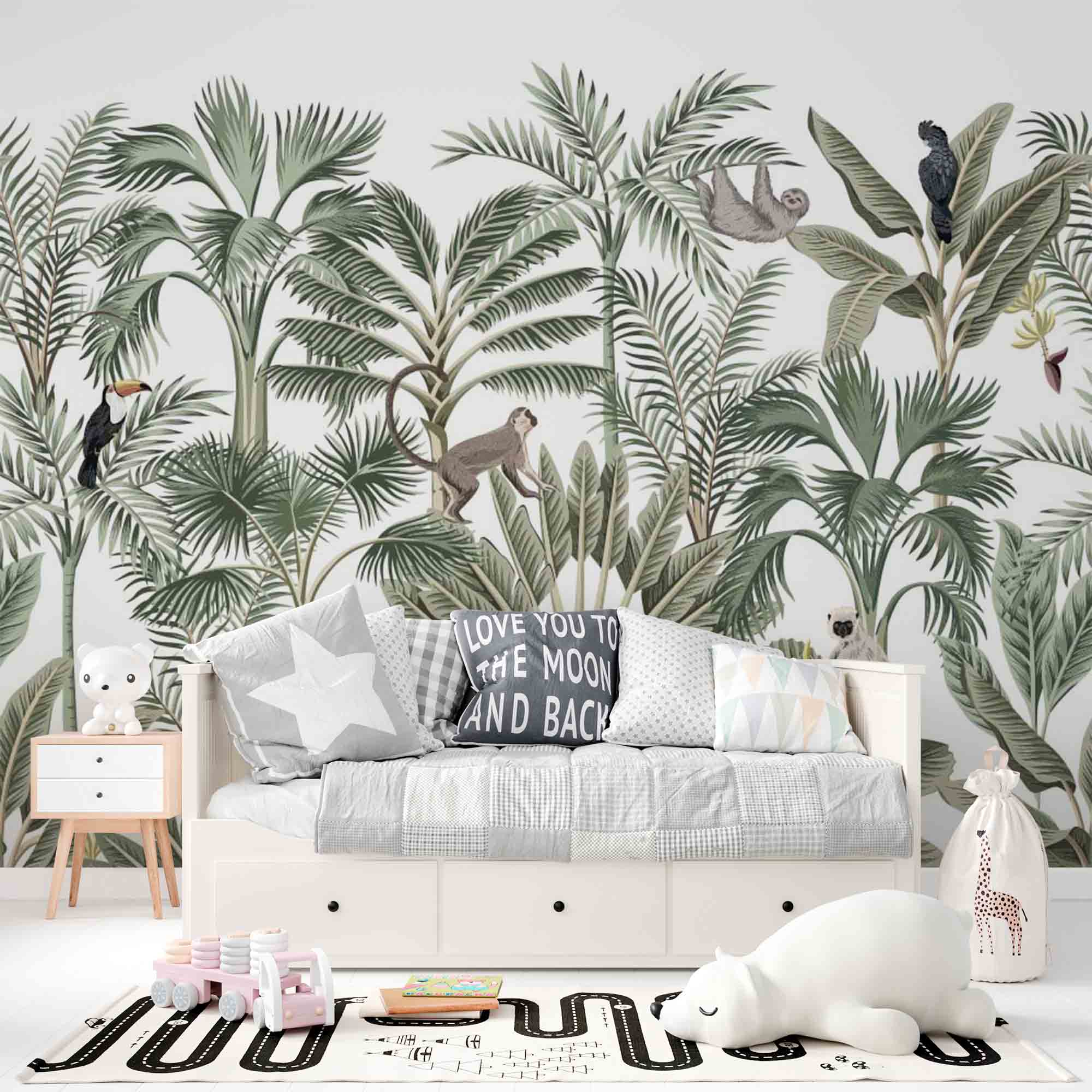 Tropical Forest Wallpaper Palm Leopard Monkey Botanical Wall Mural Decor