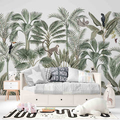 Custom Tropical Forest Wallpaper Palm Leopard Monkey Botanical Wall Mural Decor