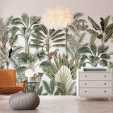 Tropical Forest Wallpaper Palm Leopard Monkey Botanical Wall Mural Decor