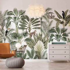 Custom Tropical Forest Wallpaper Palm Leopard Monkey Botanical Wall Mural Decor