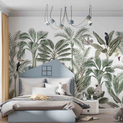 Custom Tropical Forest Wallpaper Palm Leopard Monkey Botanical Wall Mural Decor