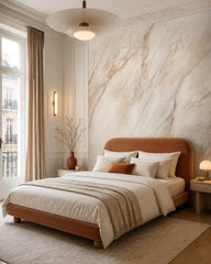 Beige marble wallpaper in a designer bedroom.