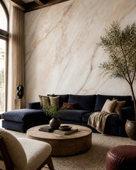 Beige marble wallpaper in a designer living room.