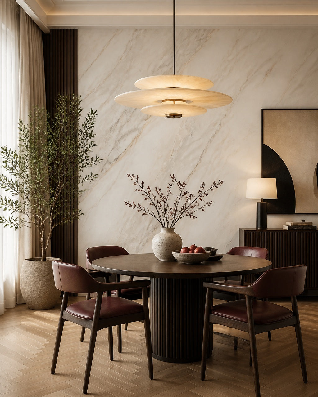 Beige marble wallpaper in a refined dining area.