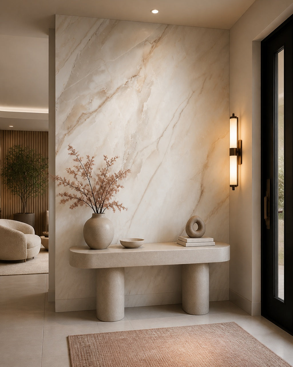 Beige marble wallpaper in a refined foyer.
