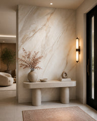 Beige marble wallpaper in a refined foyer.