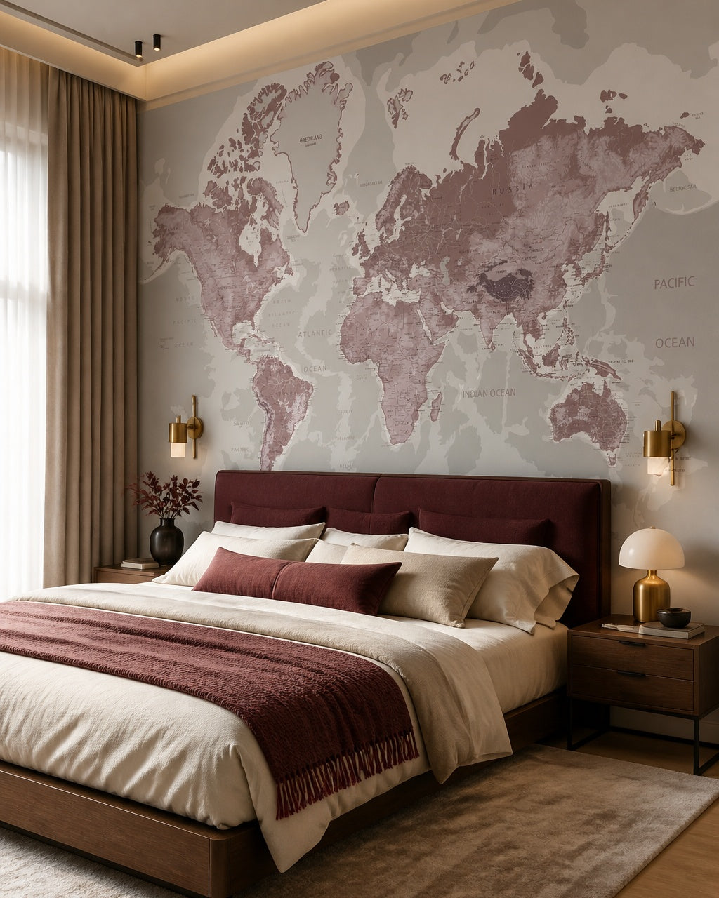 Mauve world map wallpaper in a designer bedroom.