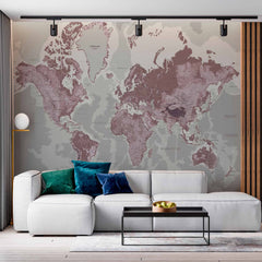 Custom Vintage Sepia World Map Wall Mural Wallpaper with Geographic Details