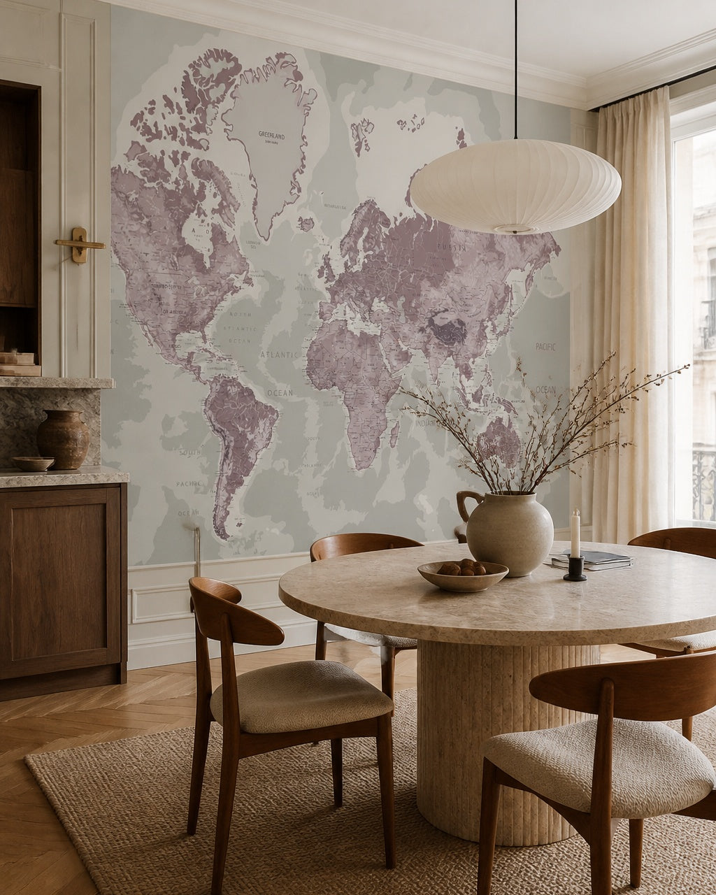 Mauve world map wallpaper in a refined dining area.