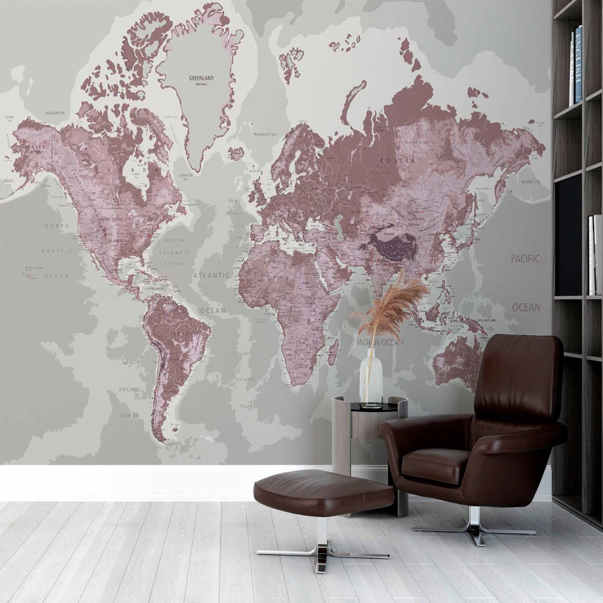 Custom Vintage Sepia World Map Wall Mural Wallpaper with Geographic Details