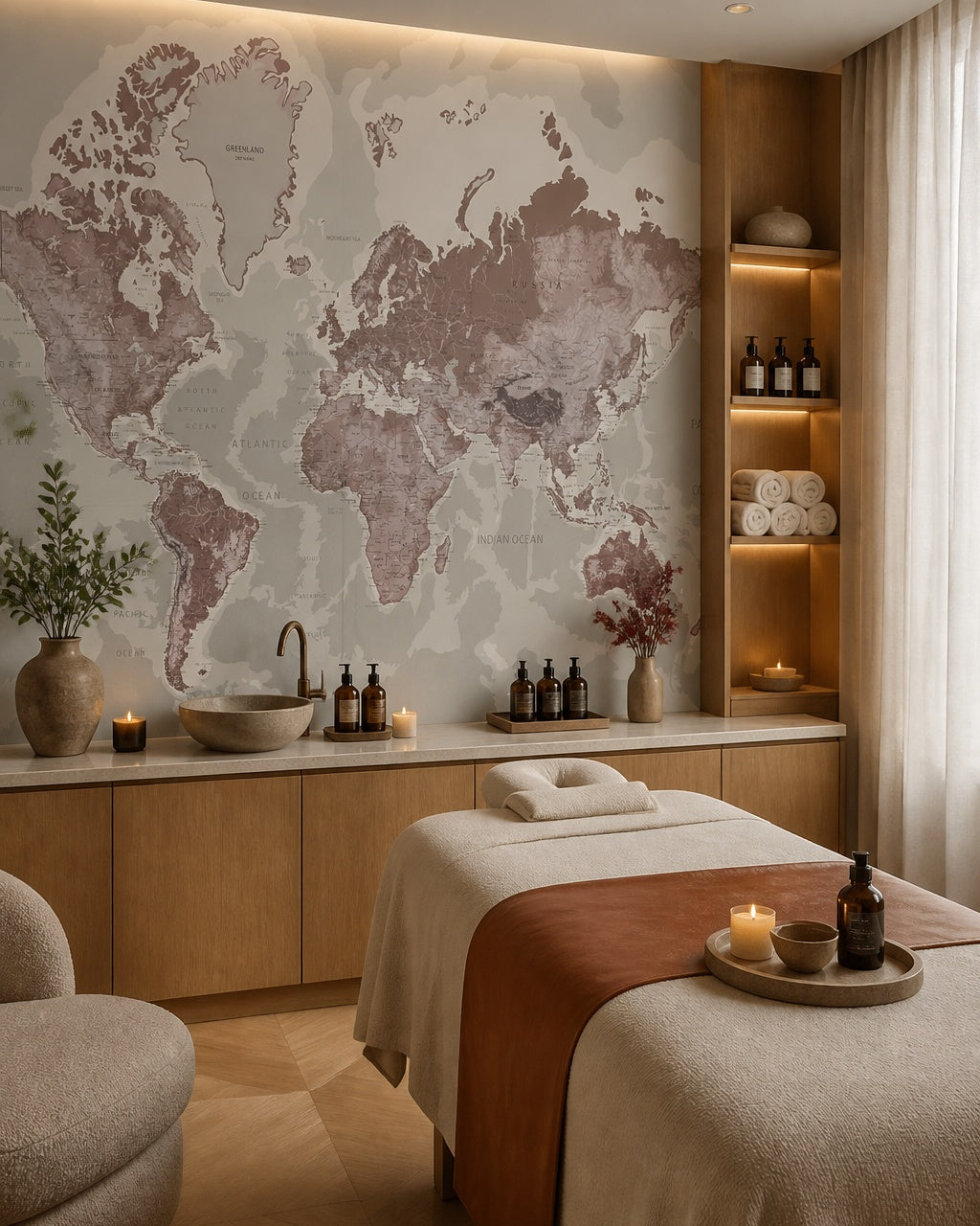 Mauve world map wallpaper in a wellness spa.