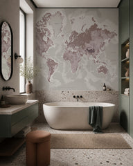Mauve world map wallpaper in a luxury bathroom.