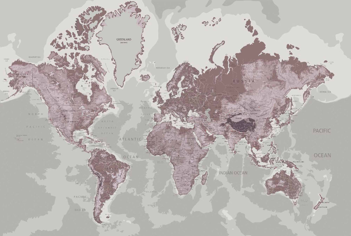 Papier peint carte du monde mauve – Papier peint panoramique carte vintage détaillée sur gris