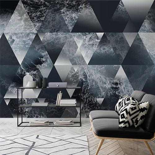 Dynamic Ocean Wave Triangle Mosaic Wall Mural Wallpaper - Monochrome Sea Texture Design