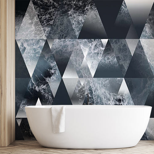 Dynamic Ocean Wave Triangle Mosaic Wall Mural Wallpaper - Monochrome Sea Texture Design